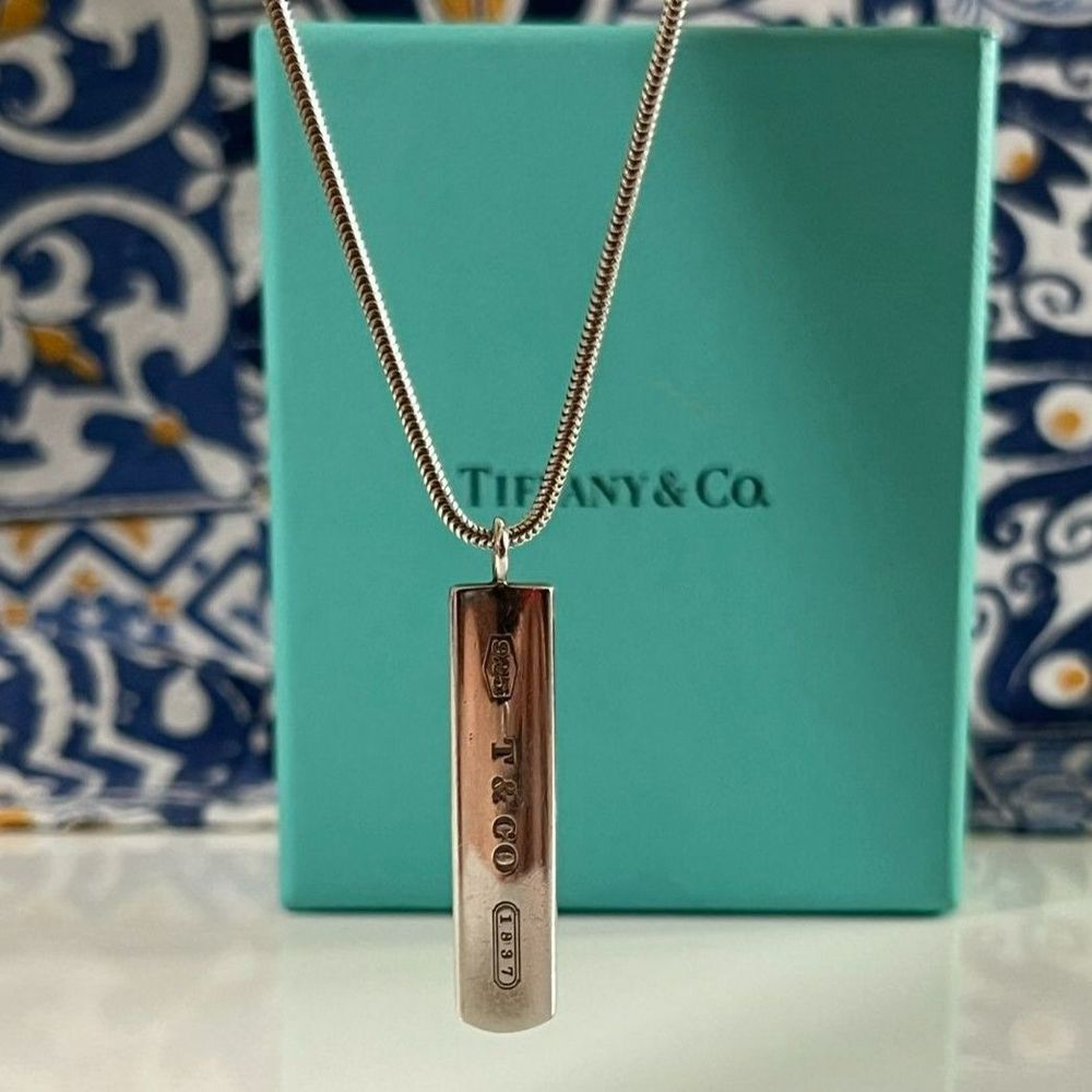 Tiffany & Co.1837 Bar Pendant Necklace 925 Silver with 16" Chain